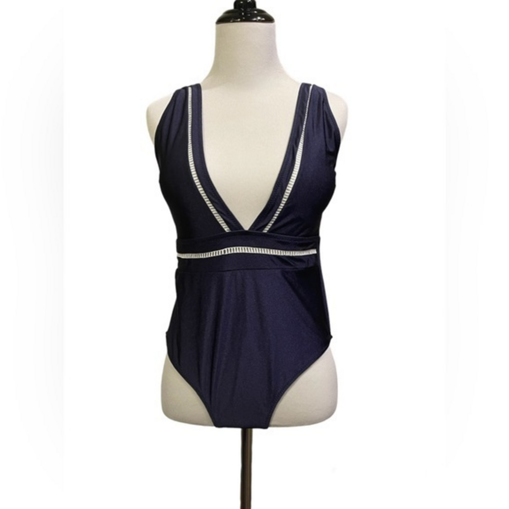 Cupshe‎ Deep Plunge Neckline Navy One Piece Swimsuit Size Medium Women’s